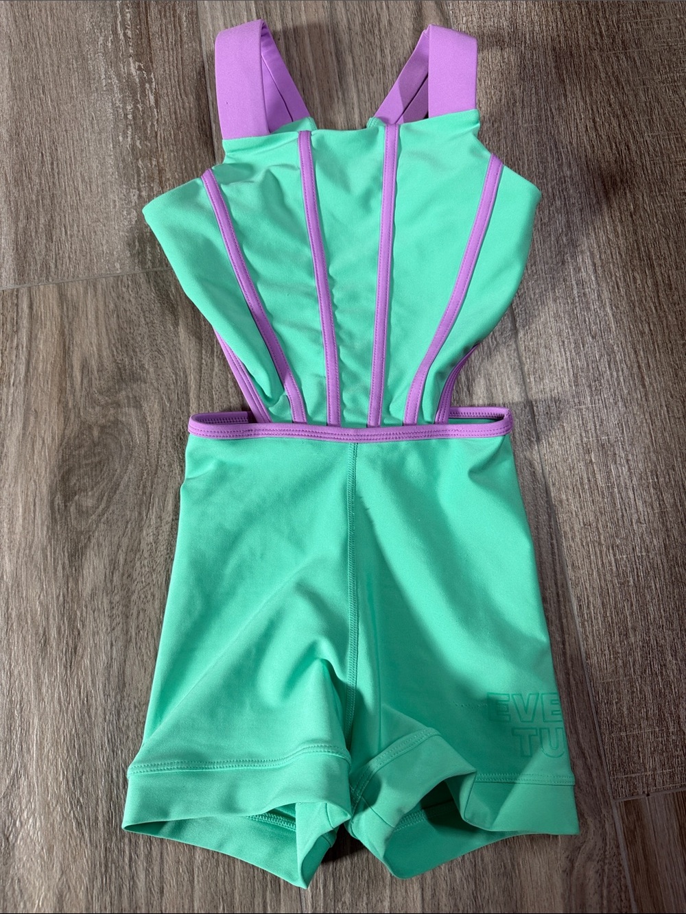 Kids One-Piece Swim Suit in Mint Green with Lavender Trim